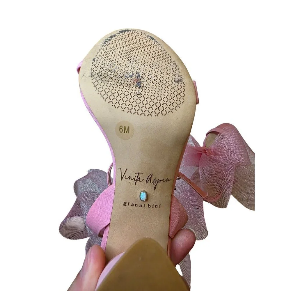 Pink Heeled Sandals With Large Tulle Bow Accent & Adjustable‎ Ankle Strap - Picture 12 of 16
